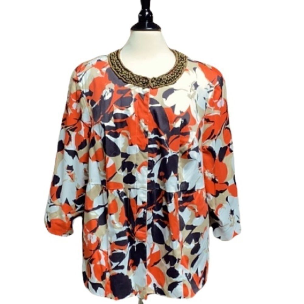 Lane Bryant Beaded Neck Floral 3/4 Sleeve Jacket